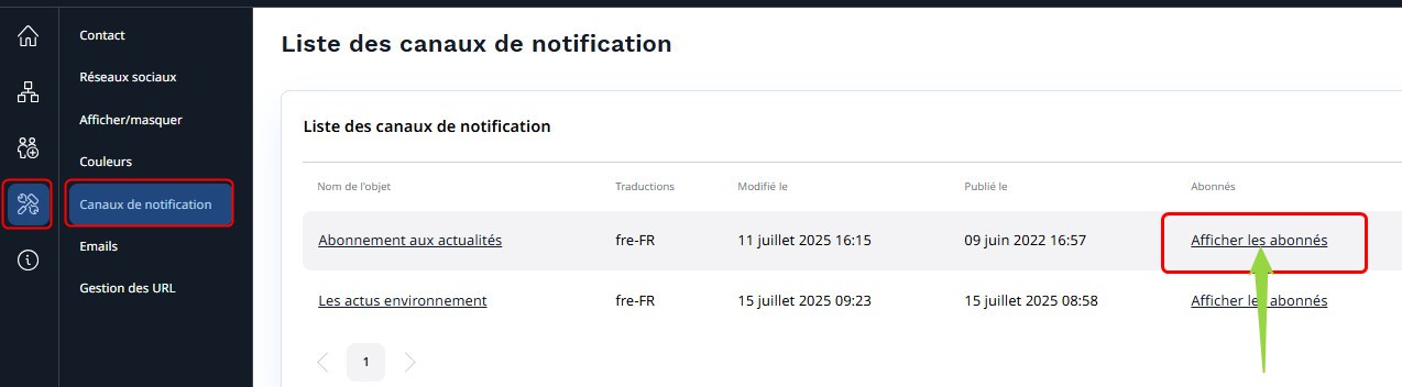 ecran d'acc&egrave;s &agrave; la liste des abonn&eacute;s : menu personnalisation, canaux de notification