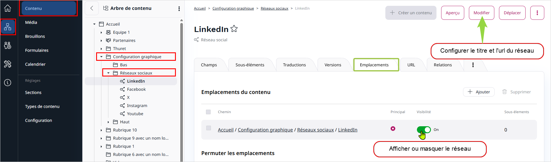 Acc&egrave;s &agrave; la configuration d'un r&eacute;seau via l'arbre de contenu