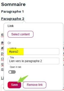 illustration de la configuration d'un lien vers une ancre en BO illustration de la configuration d'un lien vers une ancre en BO